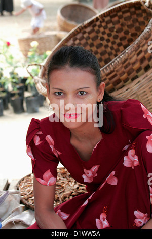 Portrait of a local Burmese woman at a market near Bagan, (Pagan), Burma, (Myanmar), Southeast Asia. Stock Photo