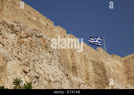 Greek flag flying on the acropolis Athens, Greece Stock Photo