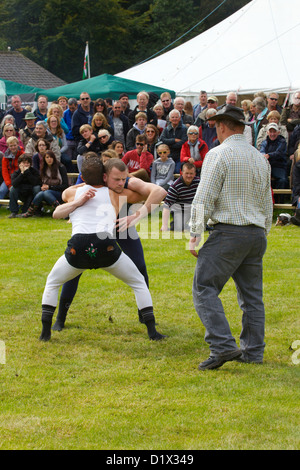 Cumberland & Westmorland Wrestlers in clinch, with crowd behind at Grasmere Lakeland Sports,Lake District National Park,Cumbria, Stock Photo