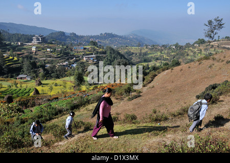 schoolchildren going to school Nagarkot Nepal Stock Photo