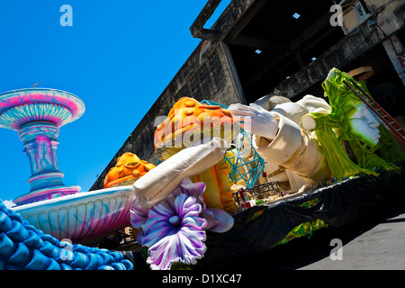 A carnival float seen during the construction process on the work yard behind the workshop in Rio de Janeiro, Brazil. Stock Photo