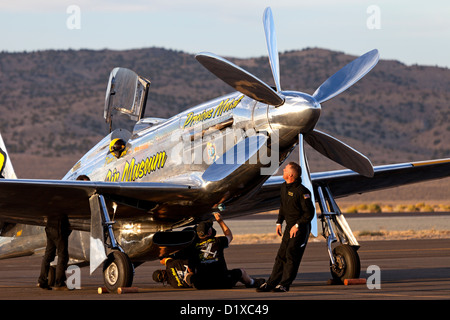 The Precious Metal crew tend to the P-51 Mustang Unlimited Air Racer during the 2012 Reno National Championship Air Races Stock Photo