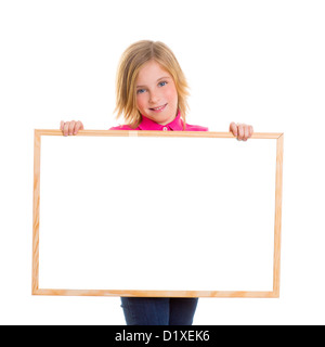 blond child kid happy girl holding blank white board copy space Stock Photo