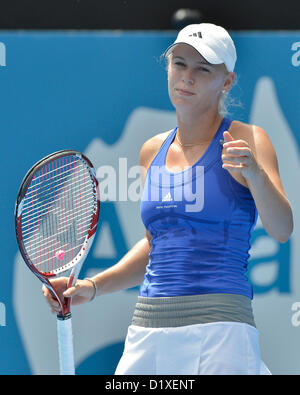 08.01.2013 Sydney, Australia. Caroline Wozniacki (DEN) in action against  Svetlana Kuznetsova (RUS) during the Apia International Tennis Tournament from the Sydney Olympic Park. Stock Photo