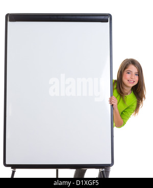 child kid happy girl with blank flip chart white copy space smiling Stock Photo