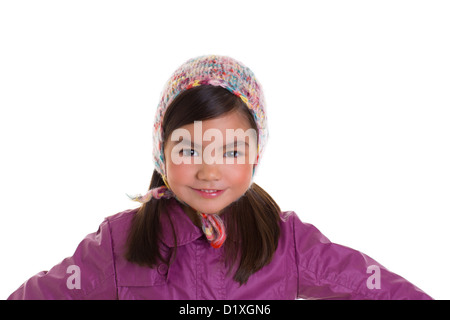 Asian child kid girl winter portrait purple coat and wool cap on white background Stock Photo