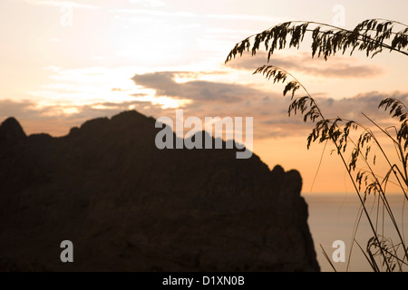 Port de Pollença, Mallorca, Balearic Islands, Spain. Jagged crest of the Serra del Cavall Bernat at sunset, Formentor Peninsula. Stock Photo