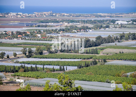 Israel, Coastal plains as seen from the Carmel mountain agricultural greenhouses Stock Photo