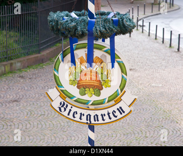 Frankfurt am Main, Hesse, Germany. Sign outside traditional beer garden, Altstadt district. Stock Photo