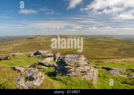 Looking northeast from Rippon Tor on Dartmoor, with Saddle Tor and Haytor prominent in the distance Stock Photo