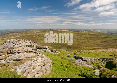 Looking northeast from Rippon Tor on Dartmoor, with Saddle Tor and Haytor prominent in the distance Stock Photo