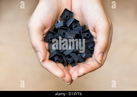 Keyboard keys in woman's hands with a "Cloud" key in the center, cloud computing service offer concept Stock Photo
