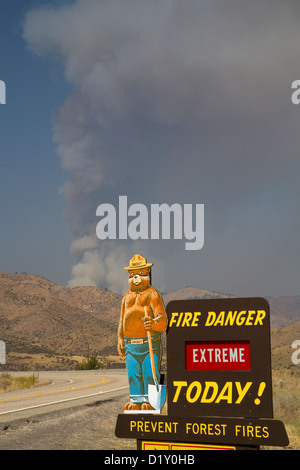Smokey Bear extreme fire danger sign with a plume of smoke from a forest fire in the background in Boise County, Idaho, USA. Stock Photo
