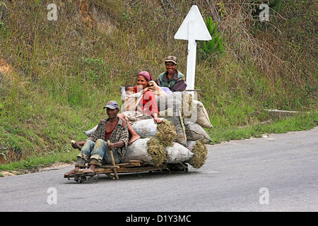 Local home-made transport on the way to market along the highway used by huge wagons Stock Photo