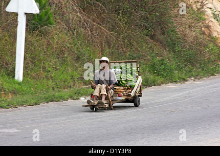 Local home-made transport on the way to market along the highway used by huge wagons Stock Photo