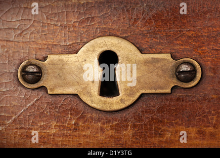 Vintage copper keyhole decorative element on weathered wooden surface Stock Photo