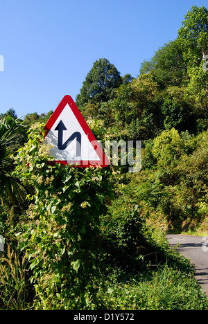 Funny Signboard indicating Hairpin Bend Curve on Hill Roadside at Kerala India Surrounded and covered by Forest Plants Stock Photo