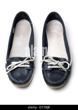 Pair of female blue flat shoes isolated on white background Stock Photo