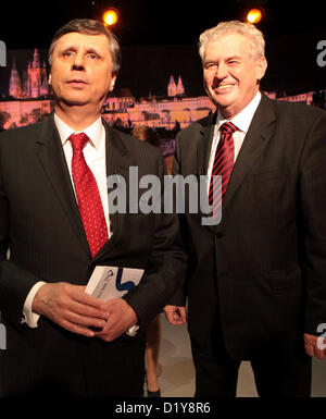 Jan. 8, 2013 Prague Czech Republic. Two days before the first direct presidential elections in the Czech Republic, two of the most serious candidates for the presidency, Jan Fischer (left) and Milos Zeman joined in a debate broadcast on live television. Stock Photo