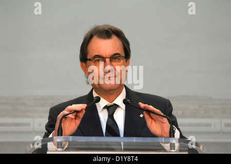 Catalan President Artur Mas speech for the inauguration of the Barcelona-Figueres high-speed rail line (AVE) . Stock Photo