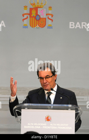 Catalan President Artur Mas speech for the inauguration of the Barcelona-Figueres high-speed rail line (AVE) . Stock Photo