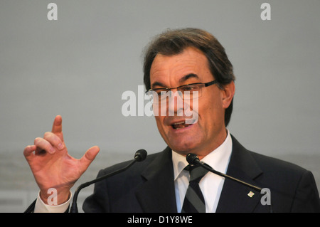 Catalan President Artur Mas speech for the inauguration of the Barcelona-Figueres high-speed rail line (AVE) . Stock Photo