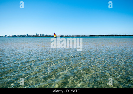 Sailboat  in  Pumicestone Passage, (looking from Golden Beach towards Caloundra),Sunshine Coast, Queensland, Australia Stock Photo