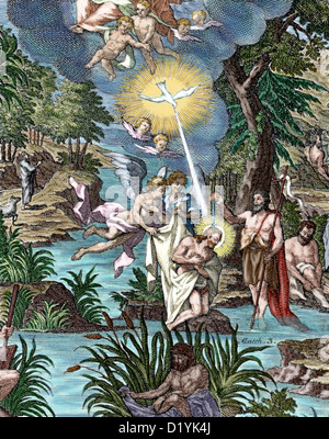 Matthew 3. John the Baptist baptizing Jesus. Colored engraving. Stock Photo