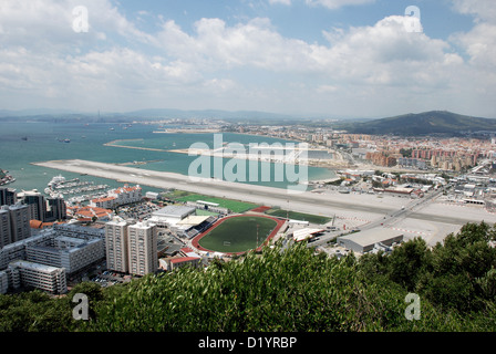 Gibraltar rock. Main road from La Linea, crossing airport runway. Gibraltar. UK. Stock Photo