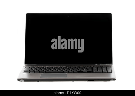 Silver laptop with blank, black screen on white background. Stock Photo