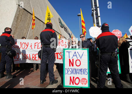Inauguration of the AVE from Barcelona to french border. People manifest against government mortgage policy Stock Photo