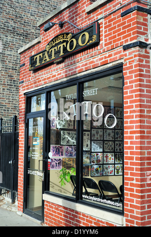 USA Illinois Chicago tattoo parlor on Taylor Street Little Italy neighborhood Stock Photo