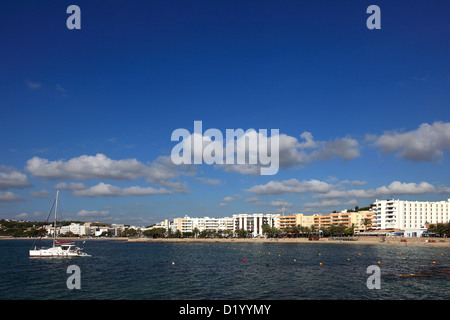 The beach and bay at Santa Eulalia resort, Ibiza Island, Balearic Isles, Spain, Europe Stock Photo