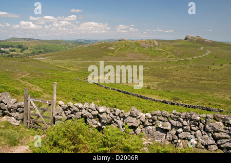 The ever attractive Dartmoor landscape from the slopes of Rippon Tor, looking northeast towards Saddle Tor and Haytor Stock Photo