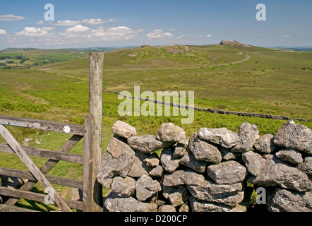 The ever attractive Dartmoor landscape from the slopes of Rippon Tor, looking northeast towards Saddle Tor and Haytor Stock Photo