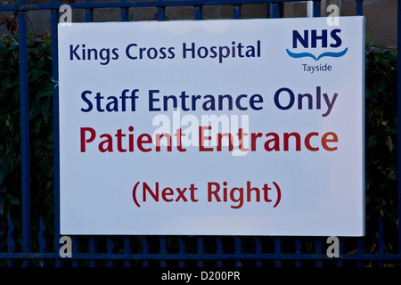 NHS notice board directing Staff Entrance Only and Patients Next Right at Kings Cross Hospital car par in Dundee.UK Stock Photo