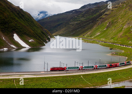 Glacier Express at Oberalppass, Oberalp, Canton of Uri and Graubuenden, Switzerland Stock Photo