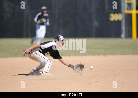 Baseball shortstop catching ball from catcher high school game Stock Photo