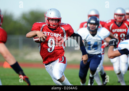 Football quarterback scrambles for yardage during a high school game. USA. Stock Photo