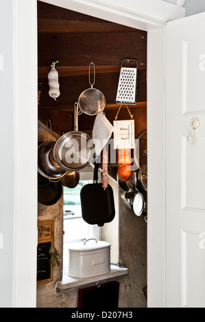 Kitchen furnished in country style, Kitchen utensils hung up, Hamburg, Germany Stock Photo