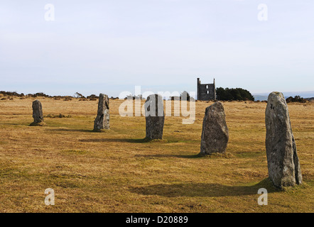 The Hurlers an ancient ring of standing stones on Bodmin Moor in Cornwall, UK Stock Photo