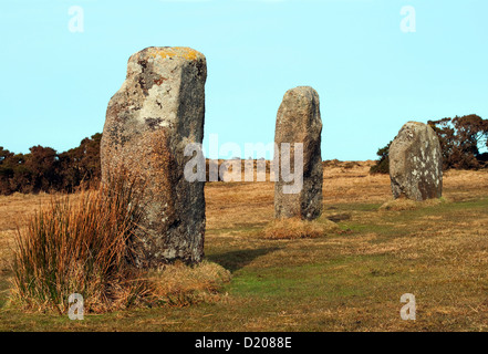 The Hurlers an ancient ring of standing stones on Bodmin Moor in Cornwall, UK Stock Photo