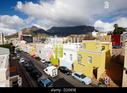 Street through colorful houses of Malay Quarter Bo-Kaap, Signal Hill, Cape Town, South Africa, Africa Stock Photo