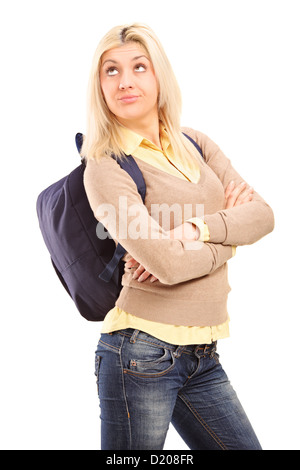 Female student with backpack thinking isolated on white background Stock Photo