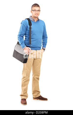 Full length portrait of a young man with a shoulder bag isolated on white background Stock Photo