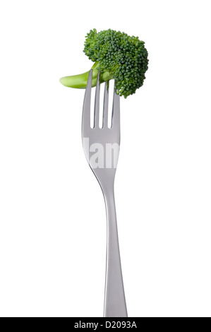 broccoli floret on a fork isolated against white background Stock Photo