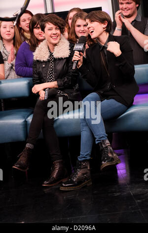 Jan. 9, 2013 - Toronto, Ontario, Canada - TEGAN and SARA QUIN of Grammy-nominated Canadian indie rock band 'Tegan & Sara' appeared for the interview at New.Music.Live studio in Toronto. (Credit Image: © Igor Vidyashev/ZUMAPRESS.com) Stock Photo