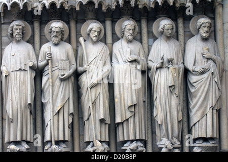 Paris,Notre-Dame cathedral,detail of central portal, depicting the Last Judgment. Bartholomew, Simon, James, Andrew, John, Peter