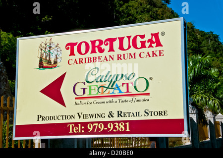 Tortuga Caribbean Rum Cake sign at the rum cake factory in Montego Bay Jamaica Stock Photo