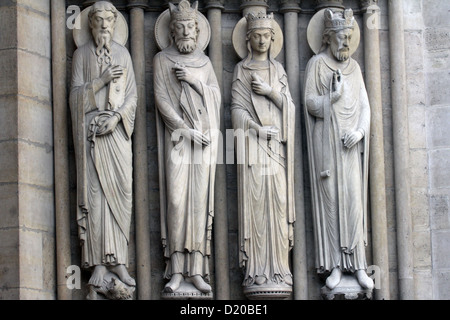 Paris, Notre-Dame cathedral, portal of St. Anne, Saint Paul, King David, a queen, and another king. Stock Photo